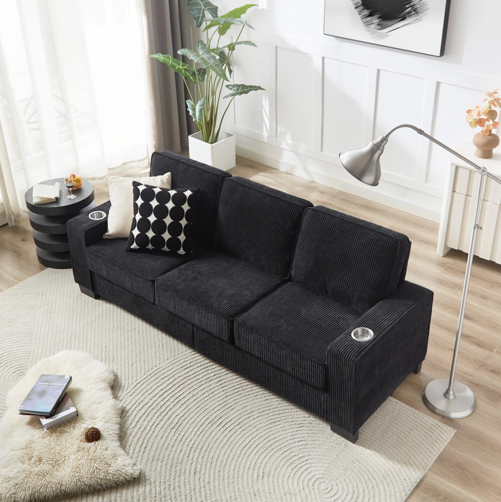 Divano 3 posti in corduroy nero con portabicchieri; 206 cm