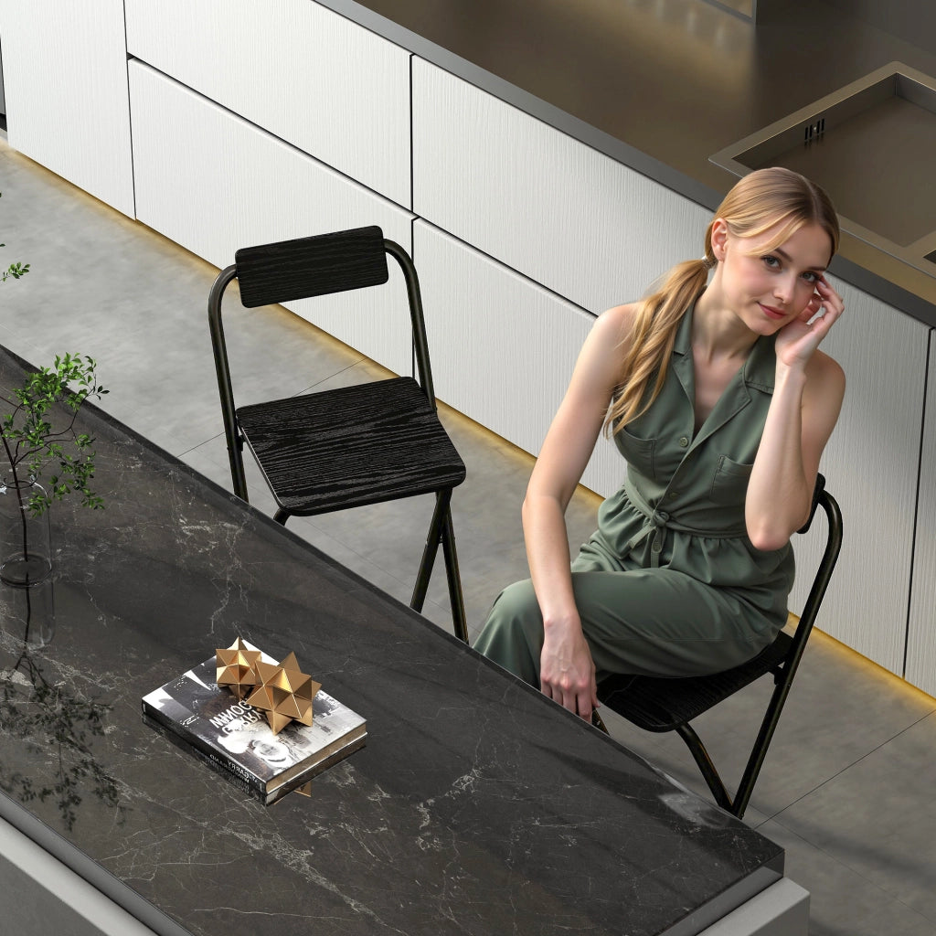 Sgabello da bar pieghevole con schienale ¨C ZephMum ¨C 2 pezzi, nero, struttura in metallo, 87 cm