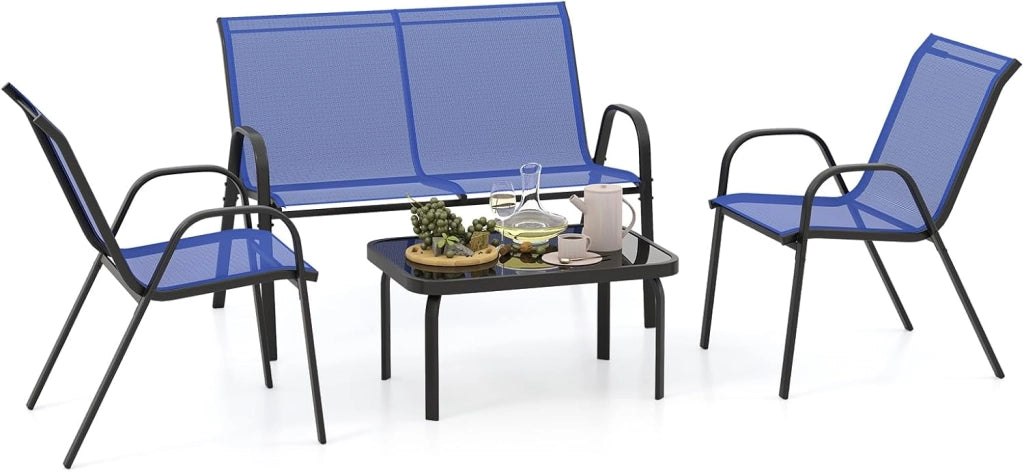 Set di 4 mobili da giardino per esterni, set di mobili da giardino, mobili da balcone, per terrazze, esterni, con tavolino da caffè e panca da giardino e 2 sedie da pranzo, set per 4 persone