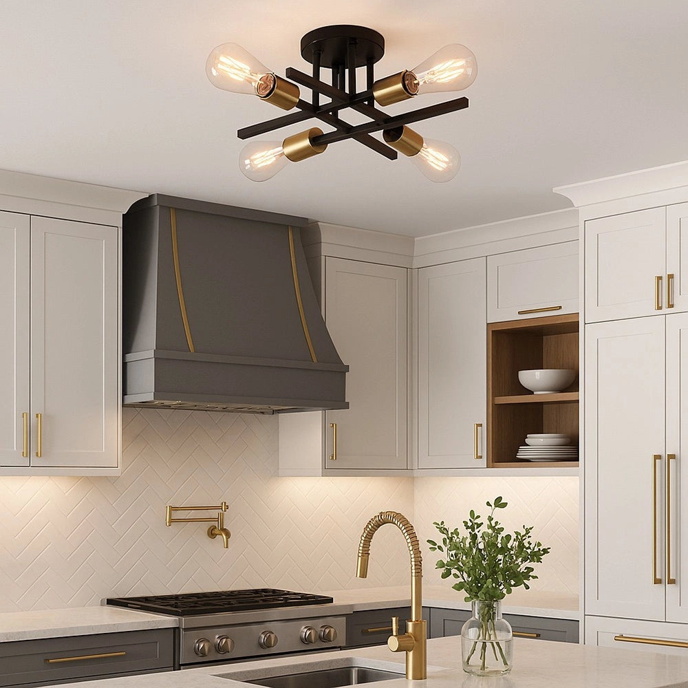 Trade Shop - Plafoniera A Soffitto Design Industriale Moderna Nero Oro 4 Portalampada Attacco E27 Pn-16 -
