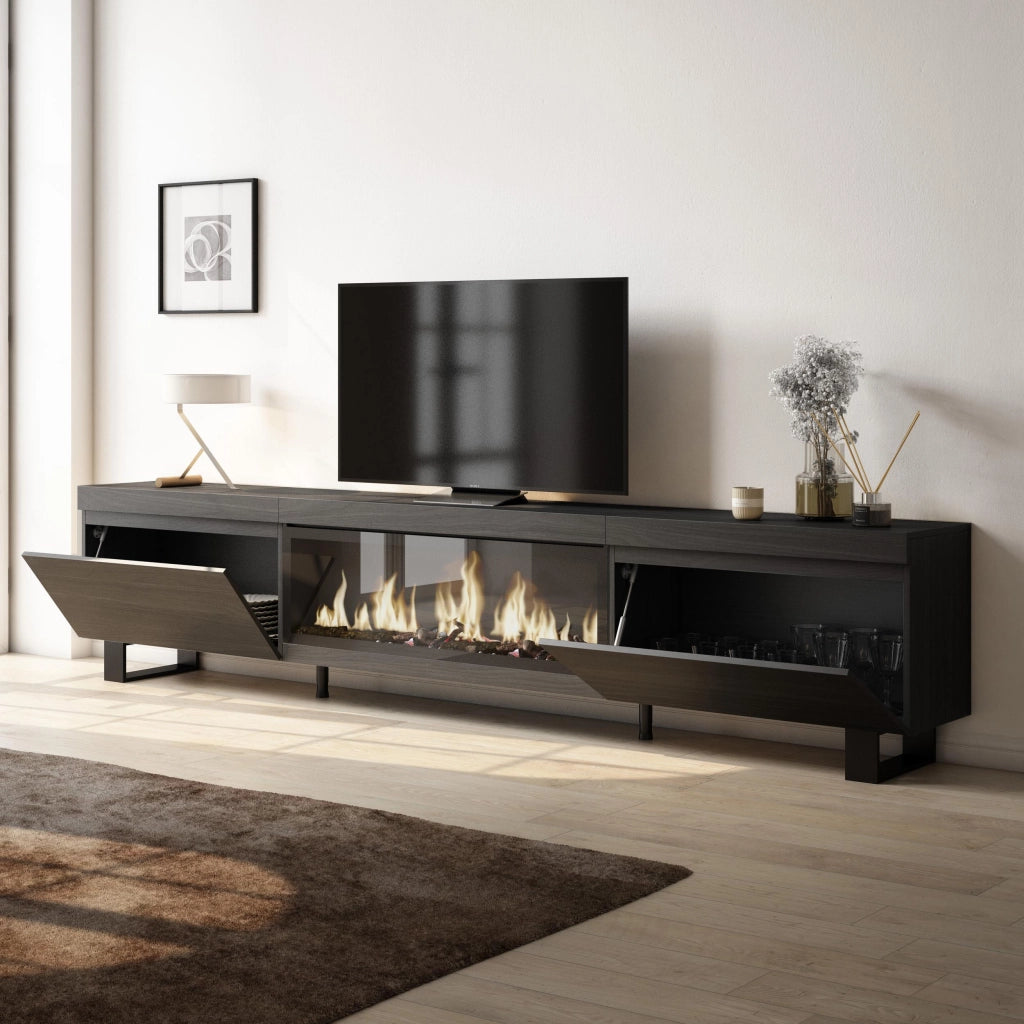 Mobile TV Soggiorno, 267x35x57cm, TV di grande formato, Camino elettrico XXL, Design industriale, Nero RF3601