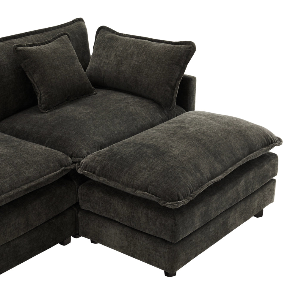 Divano angolare ULEVR 3 posti con pouf mobile, chaise longue configurabile e cuscini, ciniglia grigio scuro