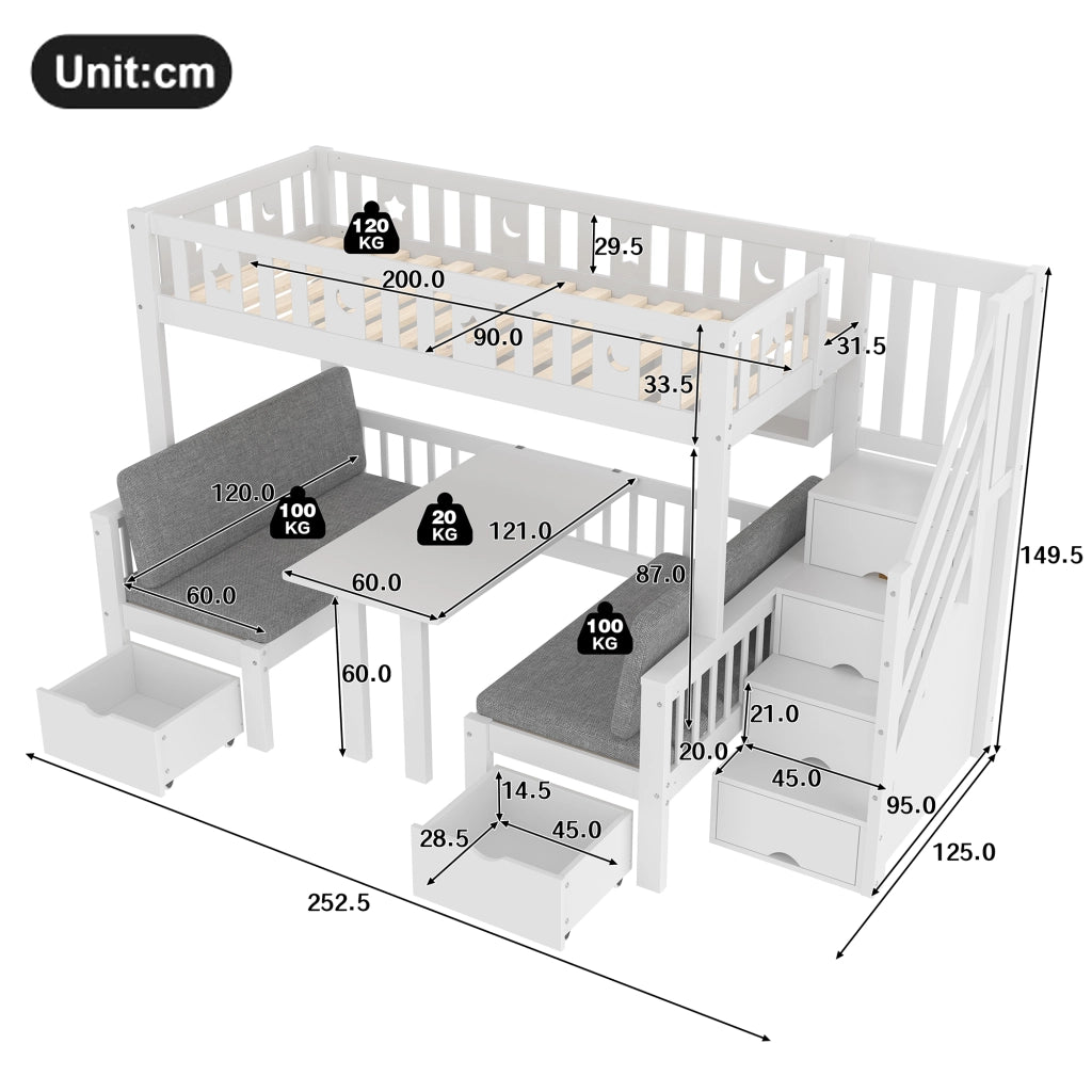 LETTO A CASTELLO multifunzionale 90x200 cm con scrivania, bianco