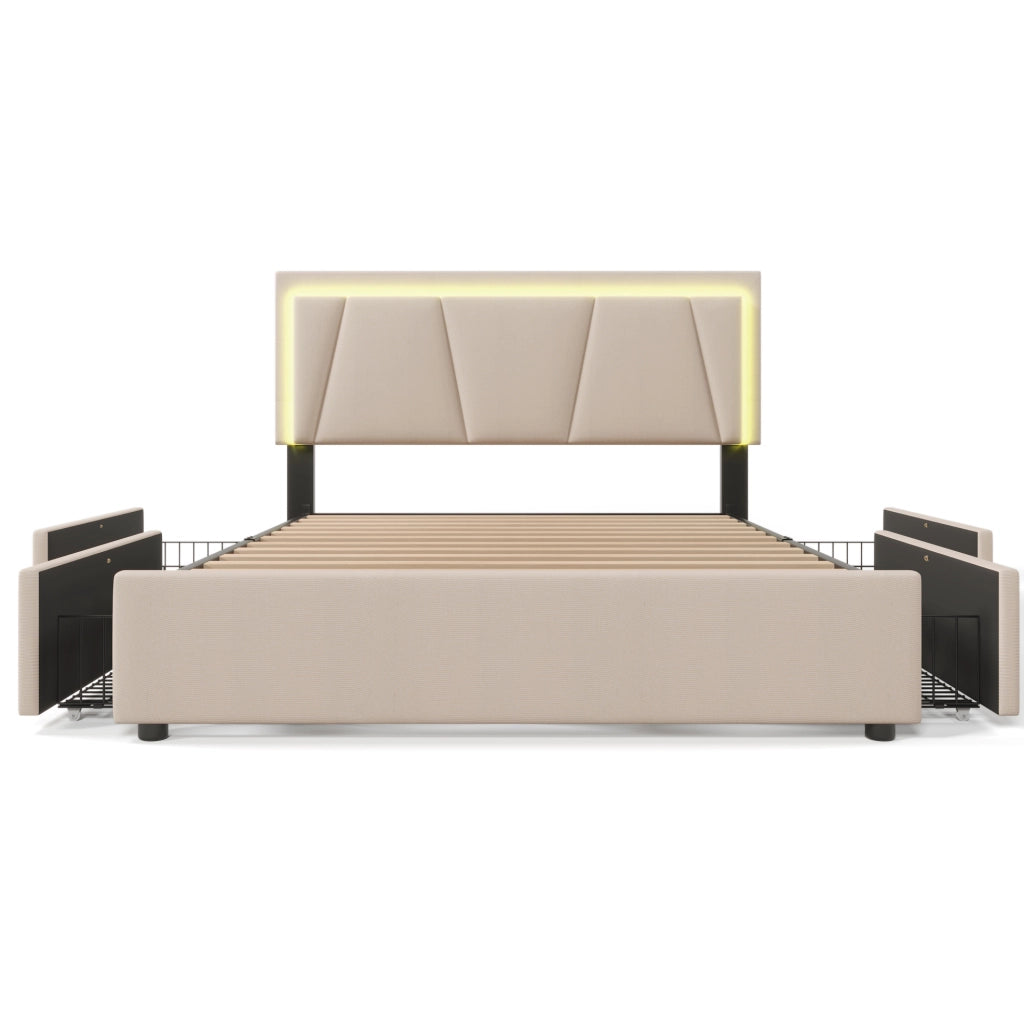 Letto matrimoniale 140x200 cm imbottito con LED; testiera regolabile e 4 cassetti; beige