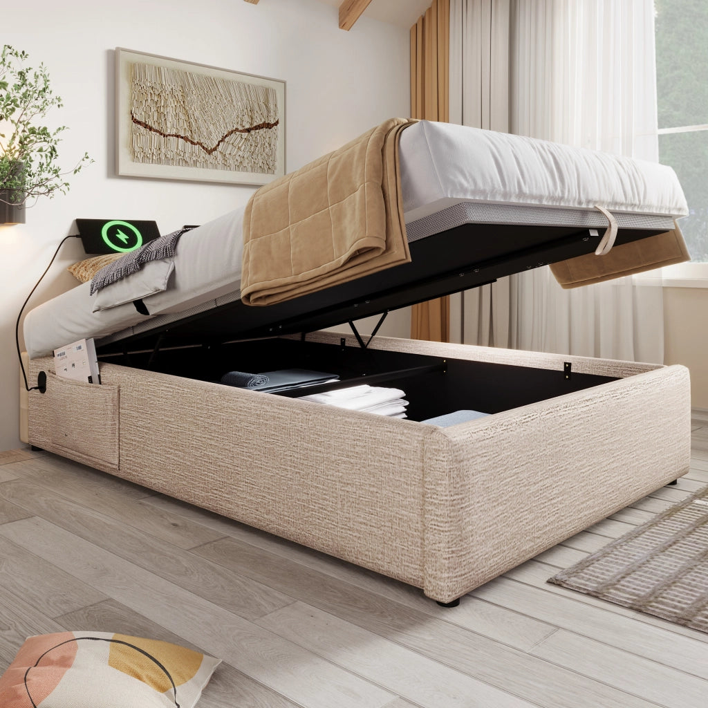 LETTO contenitore 90x200 cm in lino beige/naturale con USB/Type-C, senza testiera