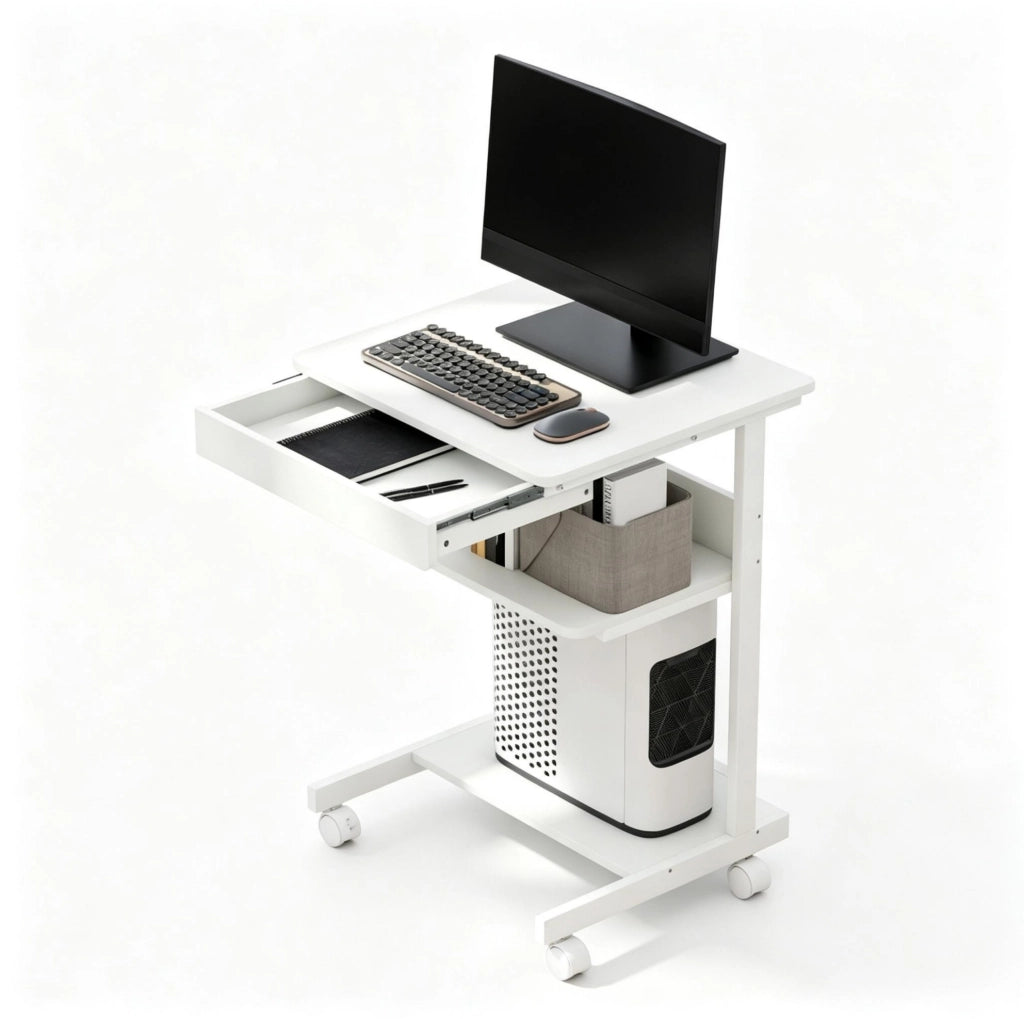 Scrivania ULEVR 56x51x79 cm con ruote, cassetto, ripiano e supporto CPU, bianca