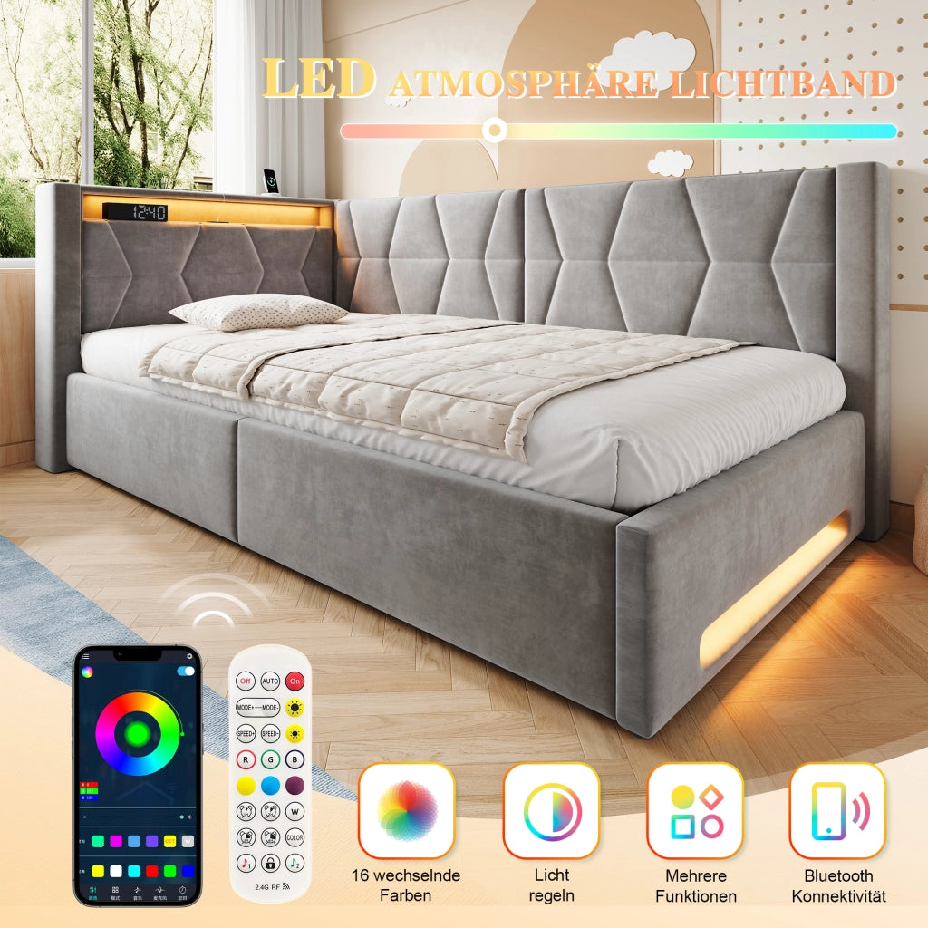 LETTO Contenitore 90x200 cm in velluto grigio scuro con LED, USB e Type-C