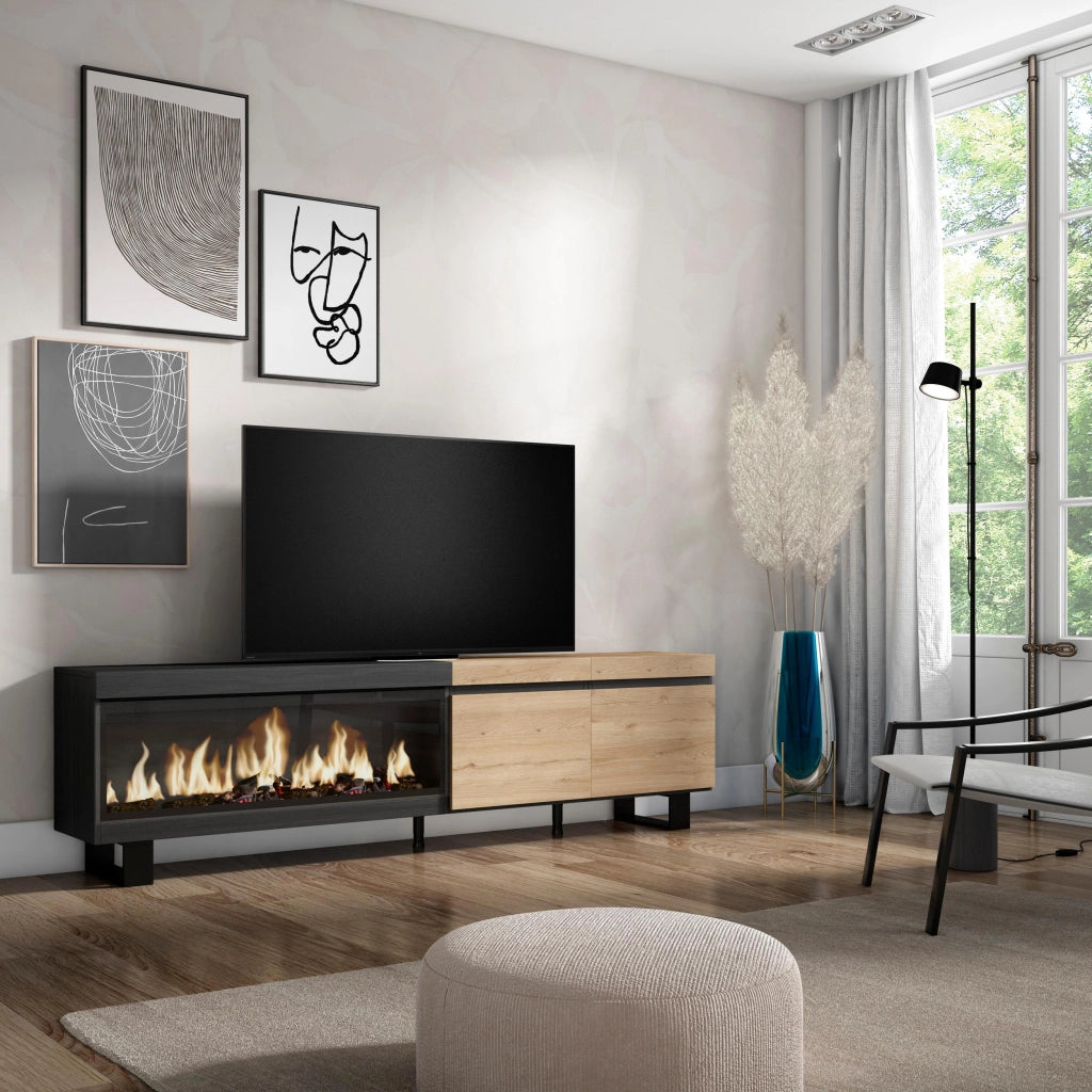 Mobile TV Soggiorno, 208x35x57cm, Per TV fino a 80", Camino elettrico XXL, Design industriale, colore Rovere e nero RF3267