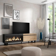 Mobile TV Soggiorno, 208x35x57cm, Per TV fino a 80", Camino elettrico XXL, Design industriale, colore Rovere e nero RF3267