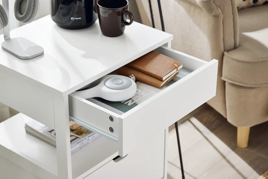 SoBuy Comodino camera da letto con 2 cassetti Tavolino divano stretto Comodino Bianco 45x38x56 cm FRG258-II-W