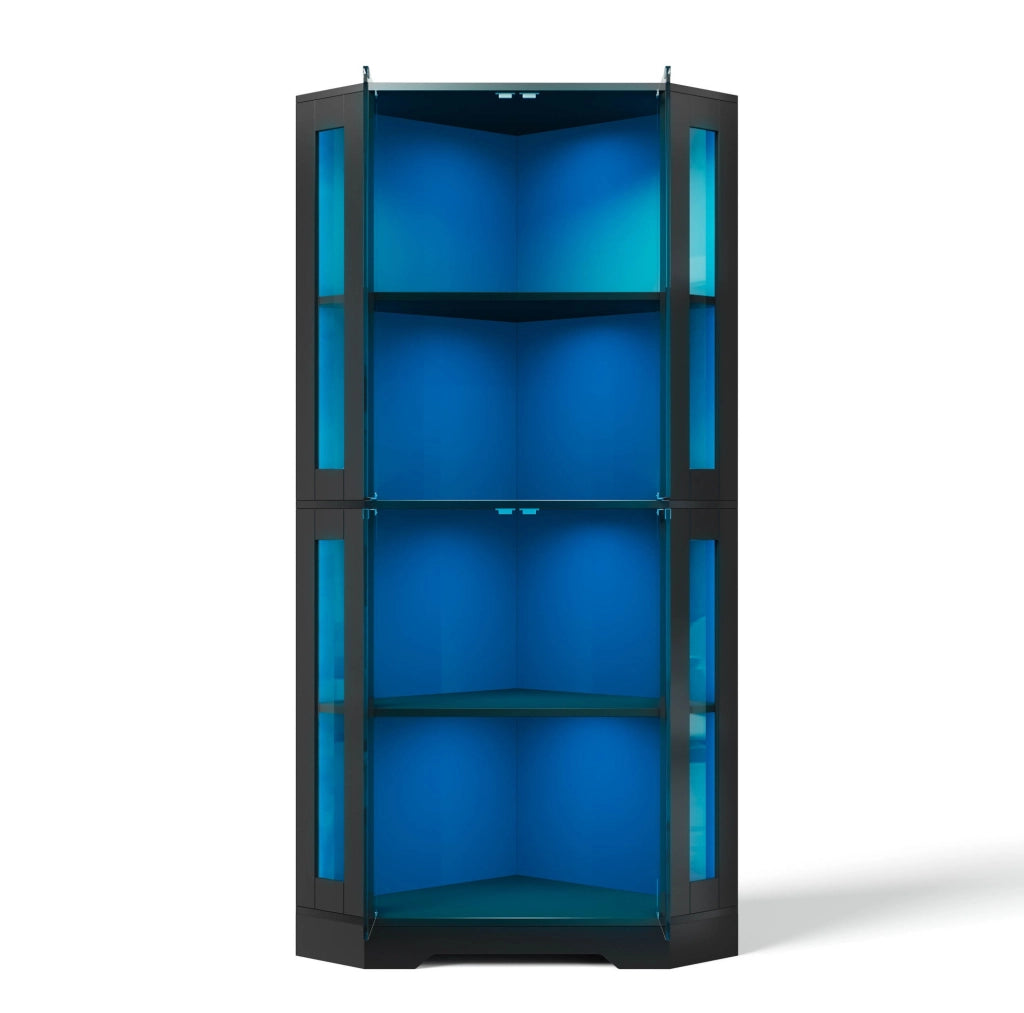 Vetrina angolare con LED RGB 40x40x165 cm; in MDF nero; con ante in vetro temperato