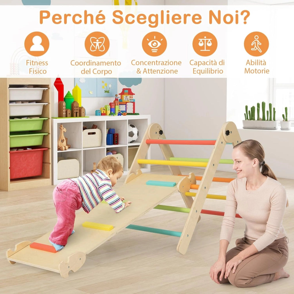 7 in 1 Set di Arrampicate per Bambini, Arrampicatore Pieghevole in Legno con Scivolo Reversibile, Dondolo e Arrampicata, Tavolo e Tunnel, per Bambini 3-14 Anni (Colorato)
