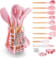 Set di utensili in silicone per cucina - 32 pezzi - resistente al calore - 446 gradi Celsius - manico in legno - smalto antiaderente - rosso