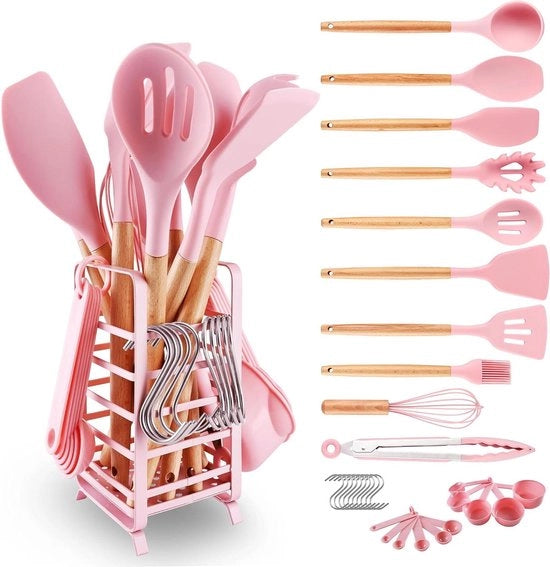 Set di utensili in silicone per cucina - 32 pezzi - resistente al calore - 446 gradi Celsius - manico in legno - smalto antiaderente - rosso