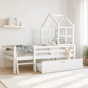 Letto rialzato per bambini con scaletta e cassetto; pino massello; bianco 90x200 cm