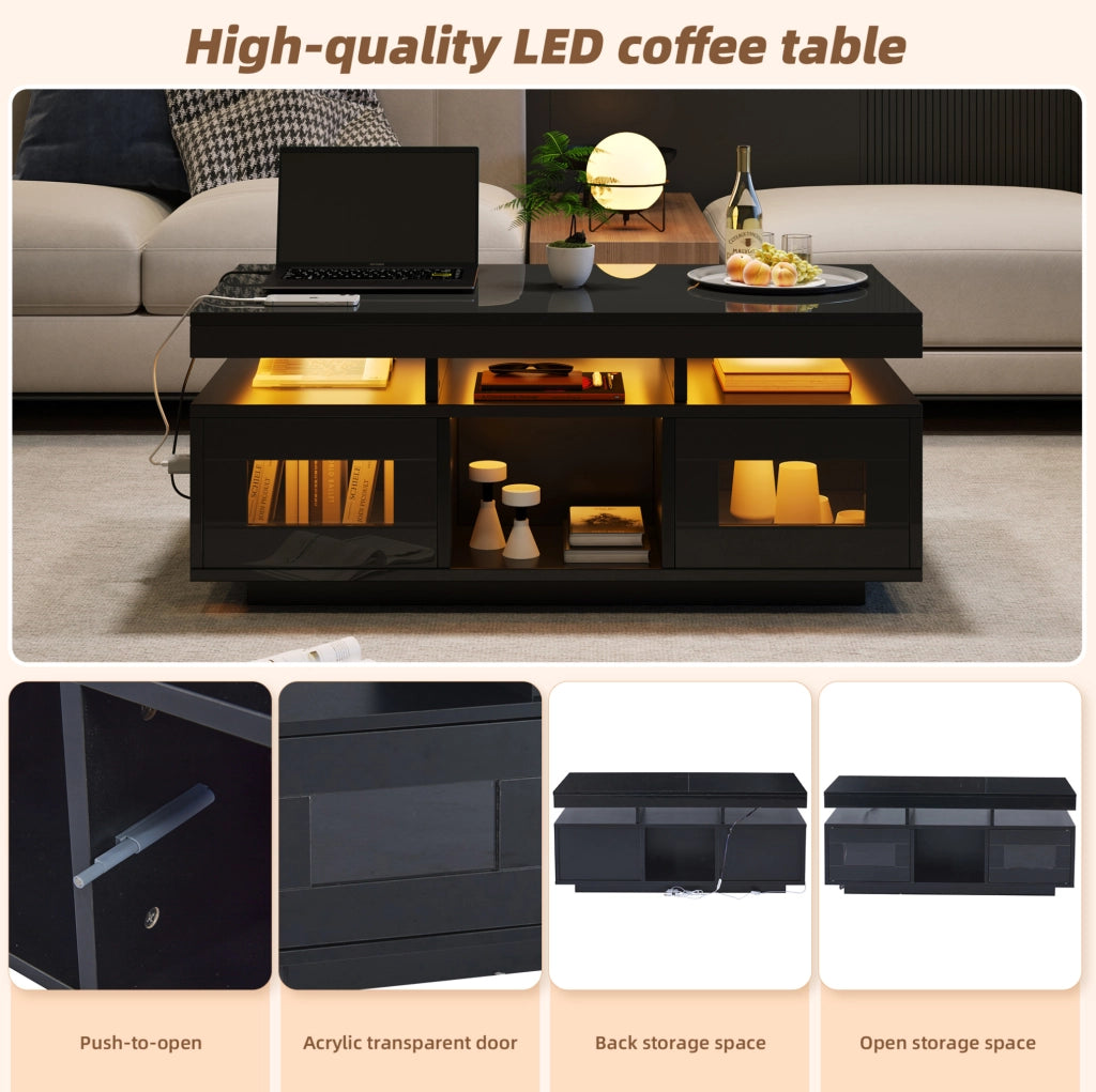 Tavolino da caffè nero lucido 100×50×43 cm con LED; presa UE; USB e mobiletto