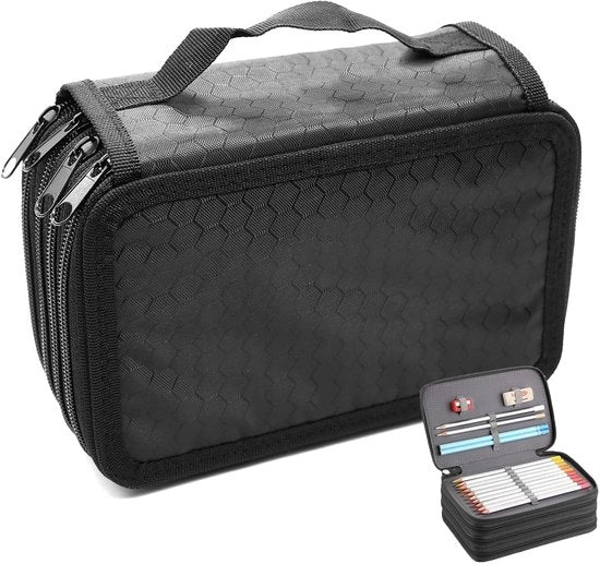 Etui grande con 72 contenitori, grande capacità, 4 sezioni con chiusura a zip, manico, etui per matite, grande, per matite colorate, pennarelli e matite a sfera (nero)