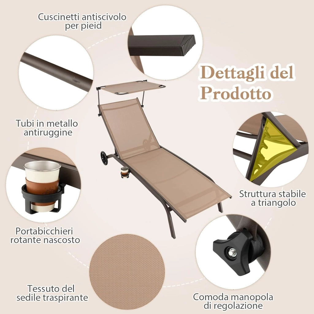 Lettino Prendisole da Giardino, Sdraio Reclinabile con Ruote Tettuccio Parasole Girevole Portabicchieri a Scomparsa e Schienale Regolabile in 6 Posizioni da Giardino Piscina (marrone)