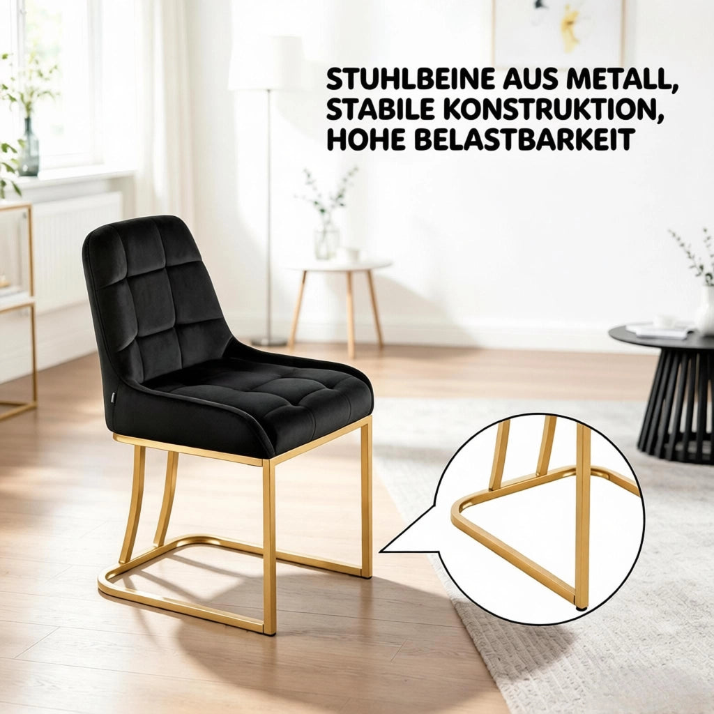 Sedia da Pranzo Set da 2 con Schienale Ergonomico e Piedini Regolabili in Metallo e Velluto Nero