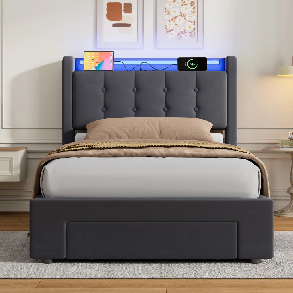 LETTO Imbottito 90 x 200 cm in Velluto con LED, USB e Contenitore