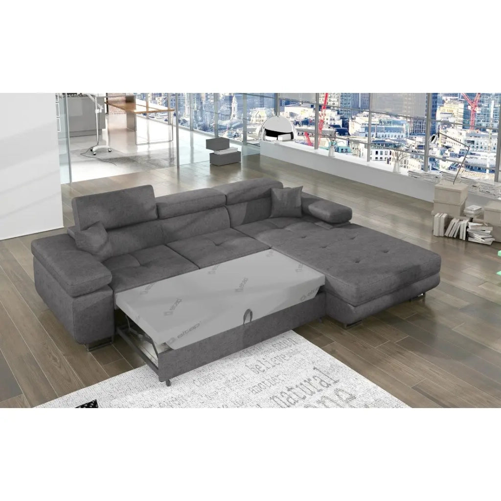 Divano angolare trasformabile AMANDA grigio melange in tessuto jacquard con contenitore