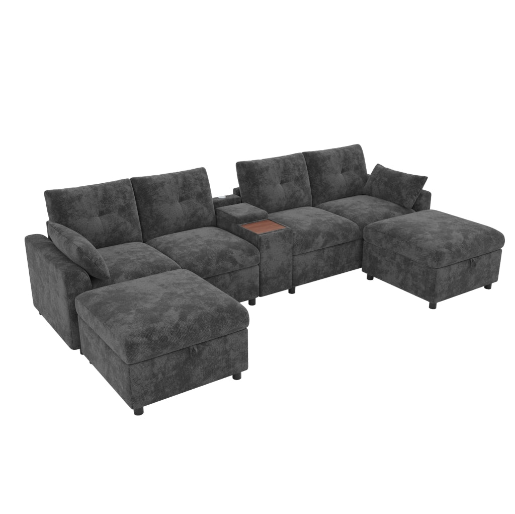 Divano angolare modulare 6 posti in chenille grigio con console centrale; USB e Type-C