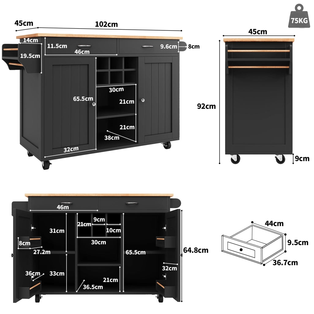 OKWISH Carrello da cucina con ripiani regolabili, portabottiglie e ruote bloccabili, in MDF e metallo, 102 x 45 x 92 cm