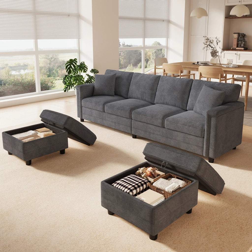 Divano modulare trasformabile a L o U 261x134x82 cm in ciniglia grigio con USB e Type-C