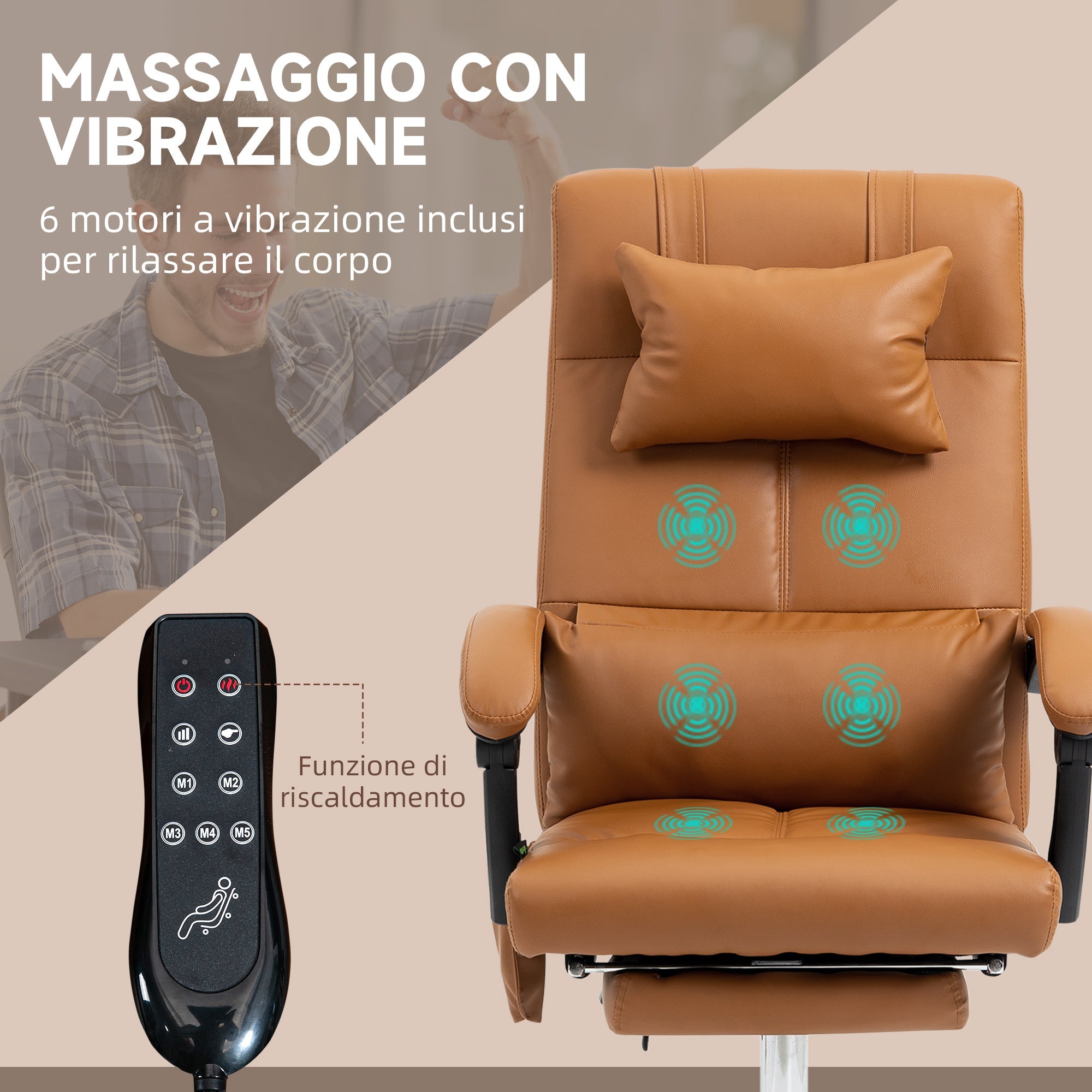 Sedia da Ufficio 6 Punti Massaggianti e Riscaldamento Lombare in Finta Pelle Marrone Chiaro