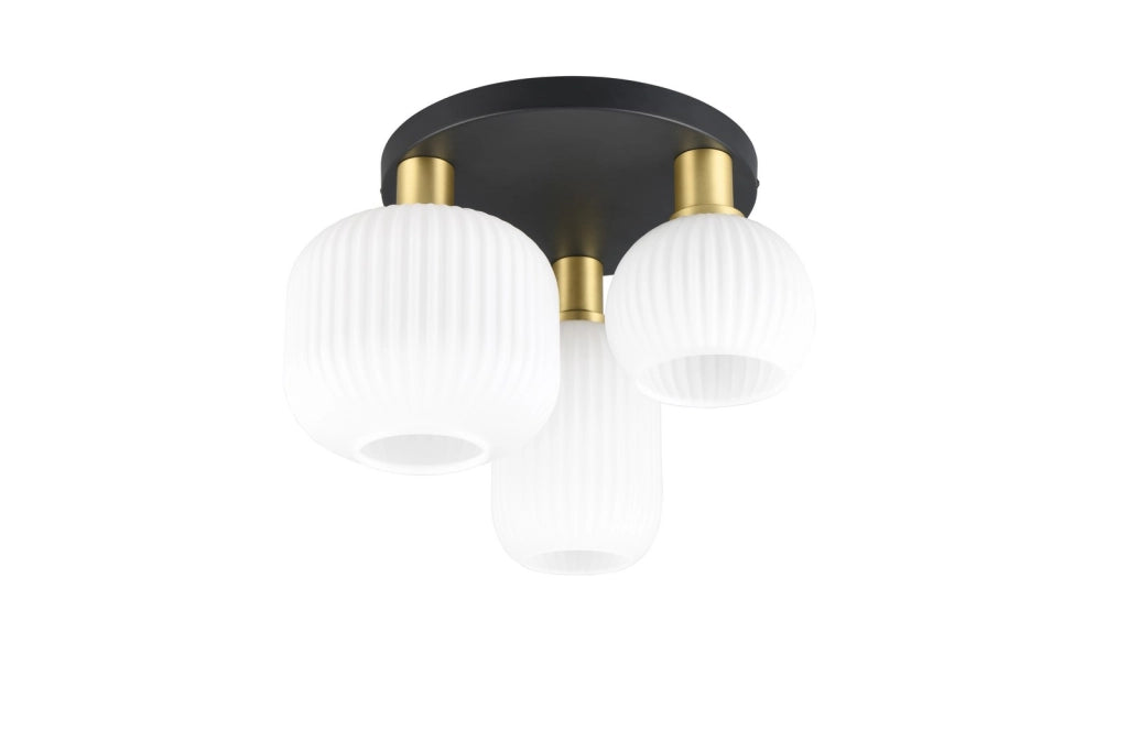 Plafoniera Trio Diva nero ottone, vetro bianco, 3xE27