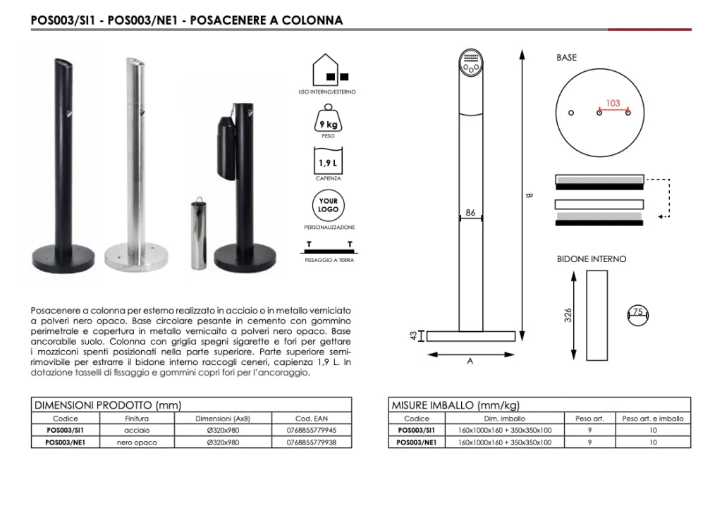 Posacenere da esterno a colonna ancorabile - Acciaio