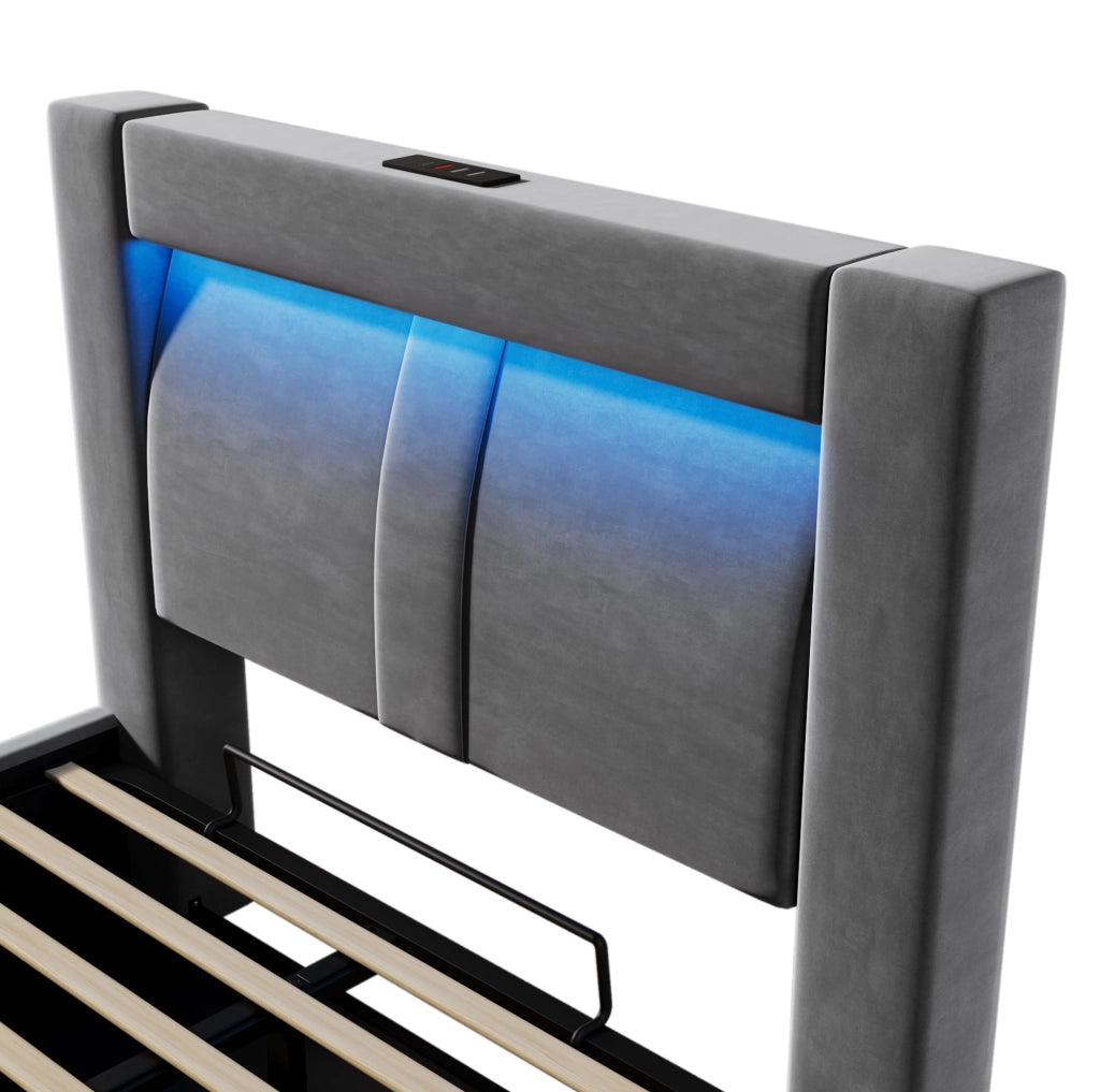 Letto singolo 90x200 in velluto grigio con contenitore， LED e materasso