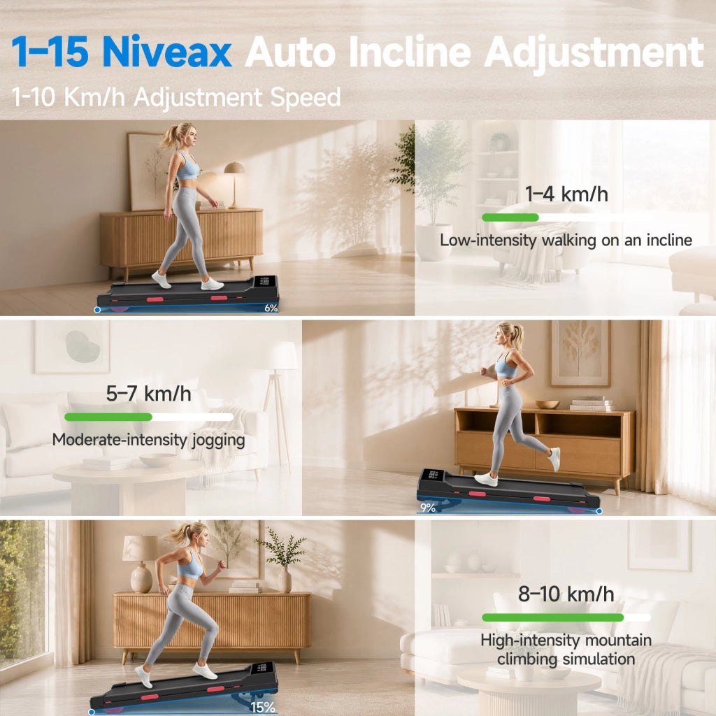 Tapis Roulant Salvaspazio con Pendenza Automatica 15%, Walking Pad da Scrivania Motore Senza Spazzole Silenzioso 2,5CV, 150kg, Telecomando e APP