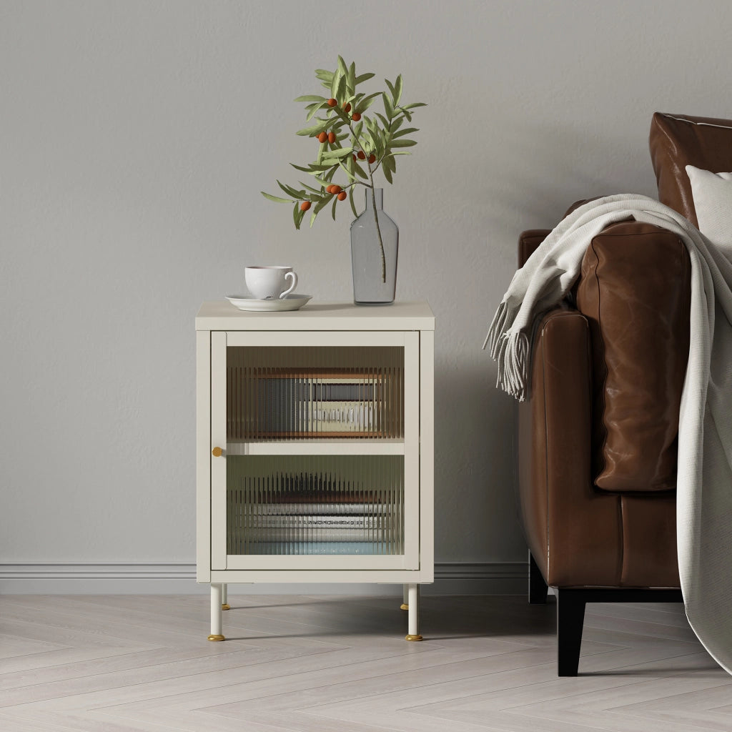 Armadietto in Acciaio Lindau con Anta in Vetro Scalanato 56x40x40 cm Bianco Crema [en.casa]