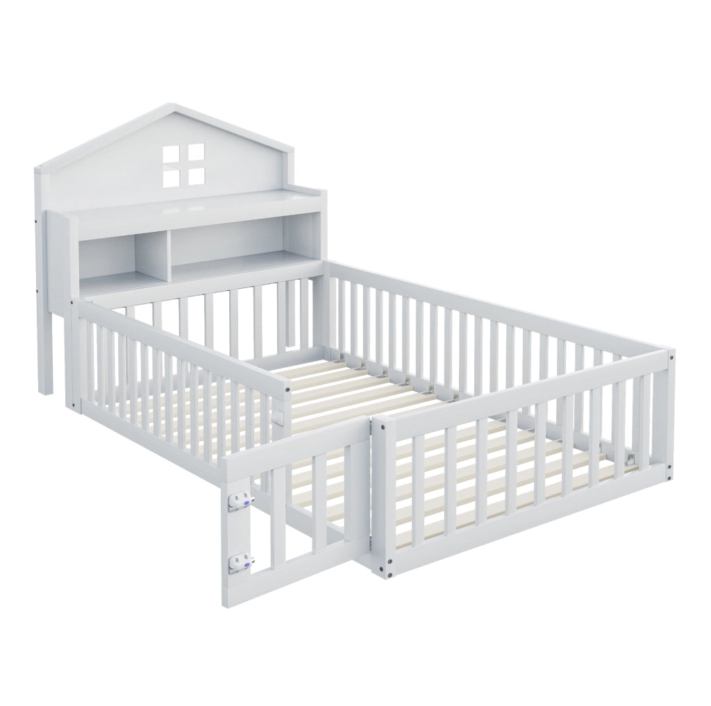 Letto per bambini a casetta 90x200 cm in legno massello bianco con contenitori; lavagna e rete a doghe