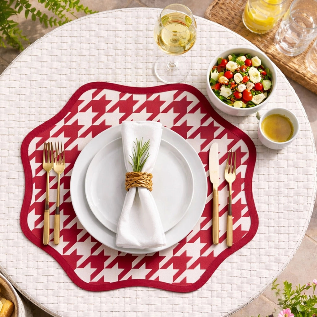 Serce, Tovaglietta Americana set da 2, Bordo Ondulato, Fantasia Pied de Poule Made in Italy, 40x40 cm Rosso