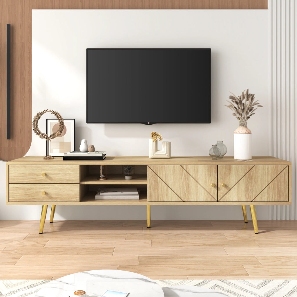 Mobile TV con 2 Ante; 2 Cassetti e 2 Vani Aperti; Piedini in Metallo Dorato; Stile Moderno; 160??36??42 cm; Legno