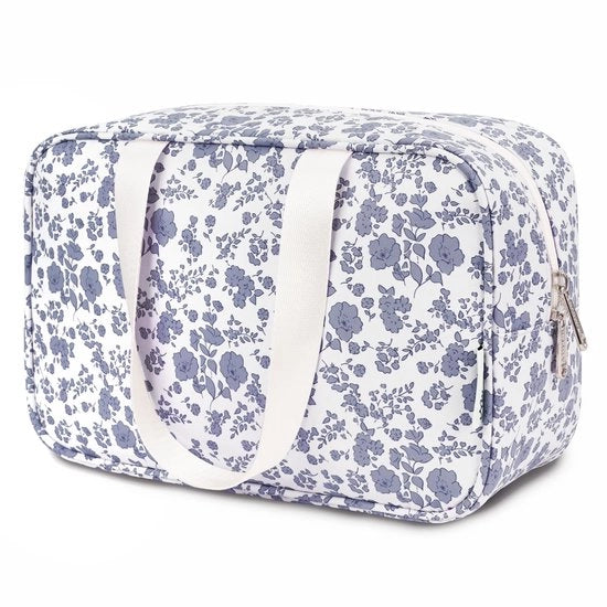 Borse da bagno di grandi dimensioni, grande borsa cosmetica, borse da bagno per donne, borse da viaggio, borse per trucco, organizzatore per bambine e donne (piccola fioritura grigio azzurra)