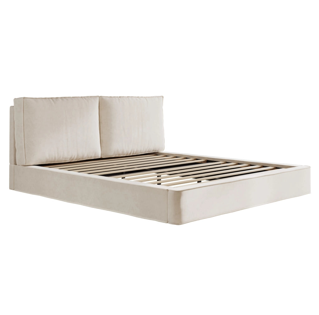 Letto matrimoniale imbottito 180x200 cm in chenille beige con rete a doghe