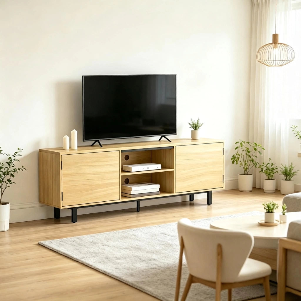 Mobile TV 160 cm per schermi fino a 65", con 2 ante a pressione e 2 vani aperti, naturale e nero