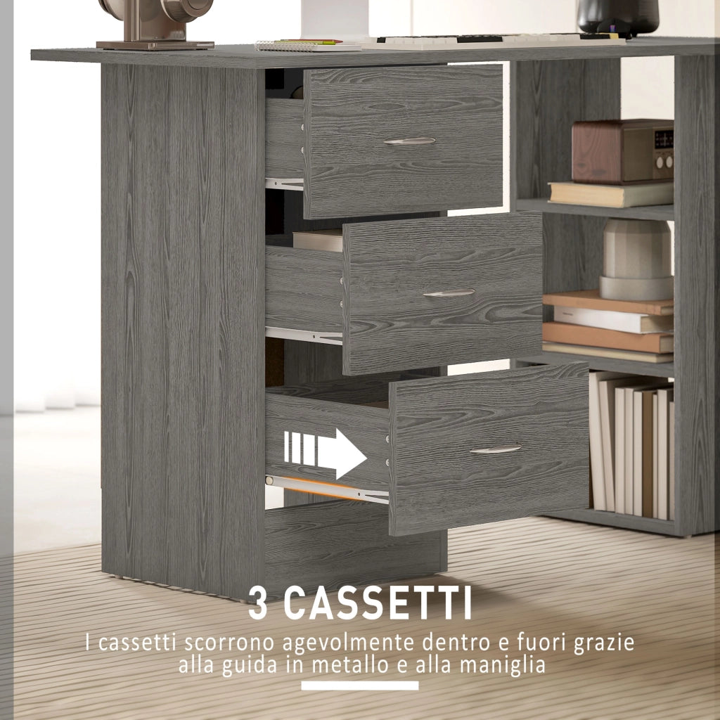 Scrivania Moderna con 3 Cassetti e 3 Ripiani per Camera e Ufficio, in Legno, 120x49x72 cm, Grigio
