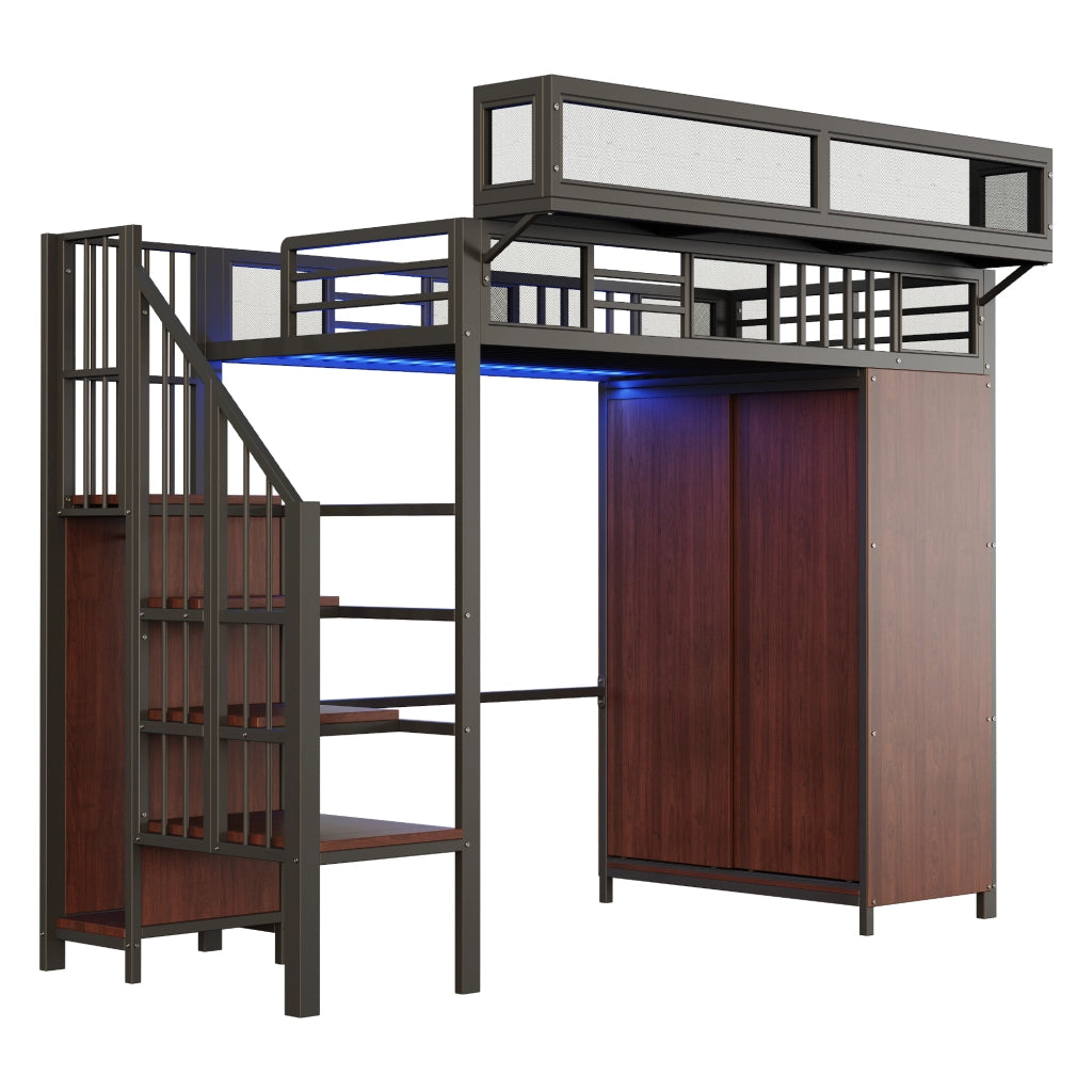 Letto a soppalco in metallo 90 x 200 cm con armadio, scala di sicurezza, LED e vani contenitivi, nero