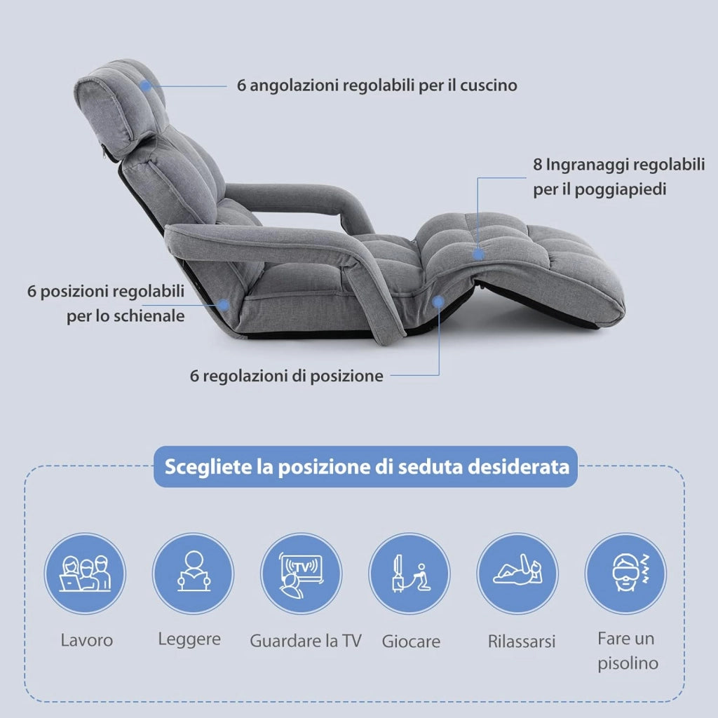 Poltrona Salotto da Terra, Sedie Pieghevoli Imbottita Chaise Longue Reclinabile in 5 Posizioni, con Regolabili Braccioli Schienale, per Yoga Relax Meditazione, 195x73x19 cm(Grigio)