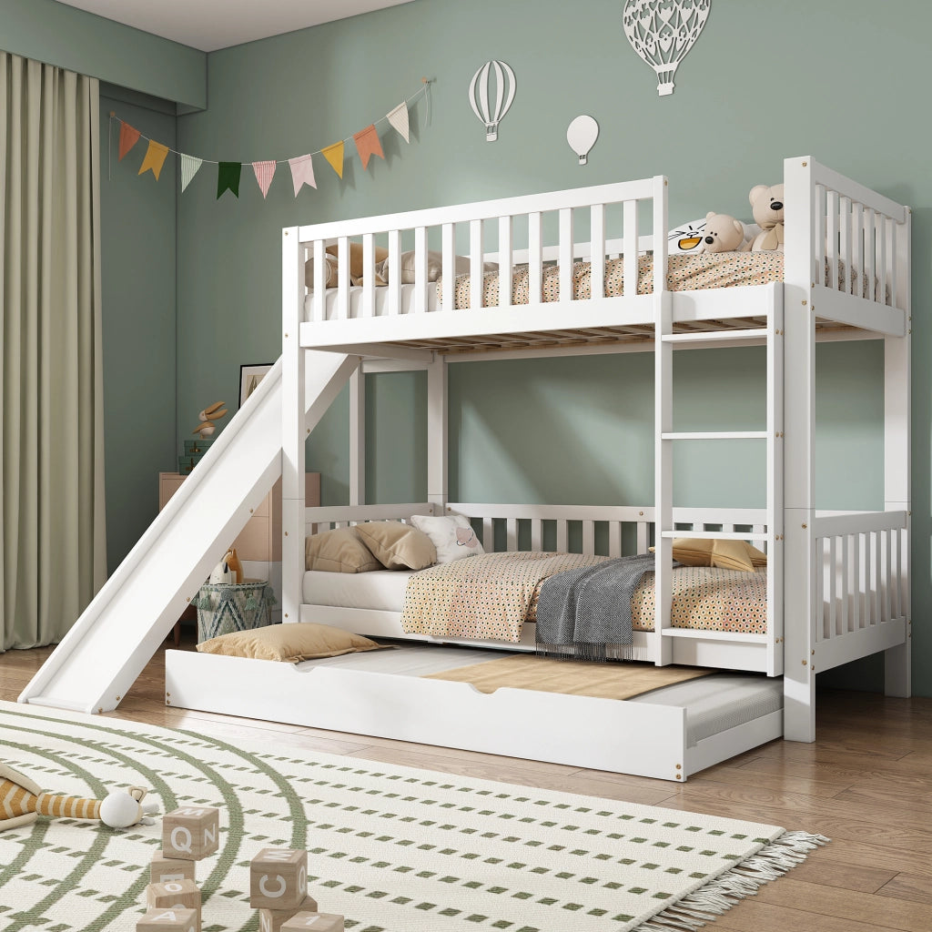 LETTO A CASTELLO con letto estraibile e scivolo 90x200/190 cm Bianco