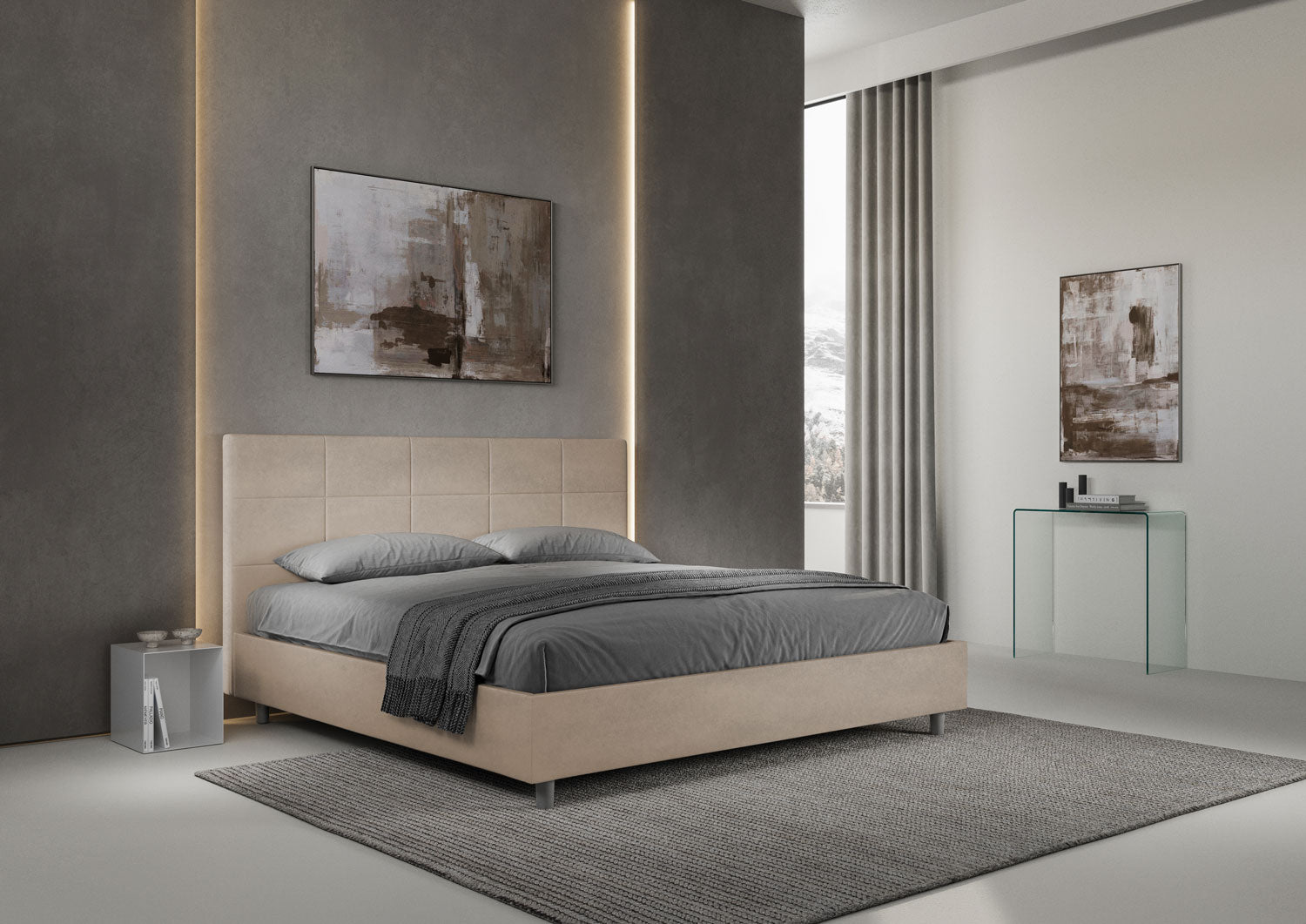 Letto Matrimoniale King Size 180x200 cm con Rete Imbottito in Microfibra Mika Sabbia