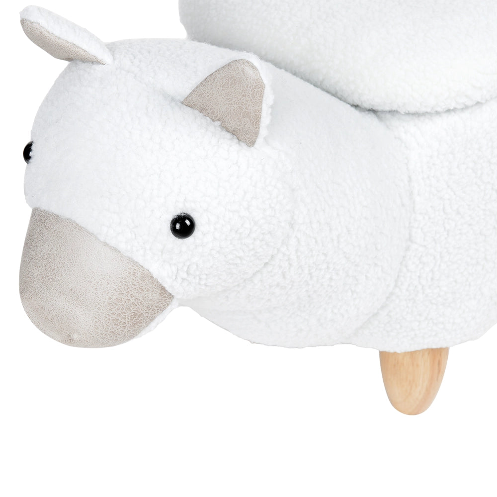 Sgabello per bambini Animale Alpaca Tessuto in poliestere bianco Gambe in legno imbottite contenitore Poggiapiedi per asilo nido