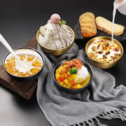 Set di 4 ciotole in acciaio inossidabile, doppia parete, ciotola per zuppa di pasta, ciotola per riso, ciotola per fagioli, ciotola per muesli, ciotole per frutta, cereali, snack, antipasto, lavastoviglie, giallo e nero, 14 cm