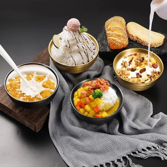 Set di 4 ciotole in acciaio inossidabile, doppia parete, ciotola per zuppa di pasta, ciotola per riso, ciotola per fagioli, ciotola per muesli, ciotole per frutta, cereali, snack, antipasto, lavastoviglie, giallo e nero, 14 cm