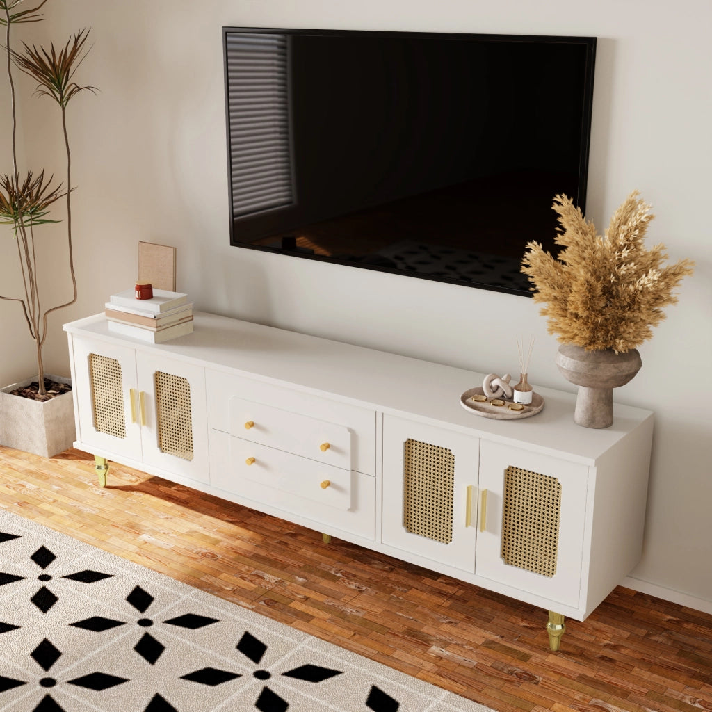 Mobile TV 175x38x55.5 cm; ante in PVC effetto rattan e cassetti push-to-open; truciolare bianco