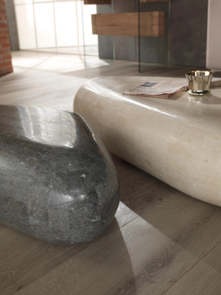 Tavolino Sasso Medium in Pietra Fossile White Agata e Compensato Marino 98x52x27 cm - Design Elegante con Finitura Beige Naturale